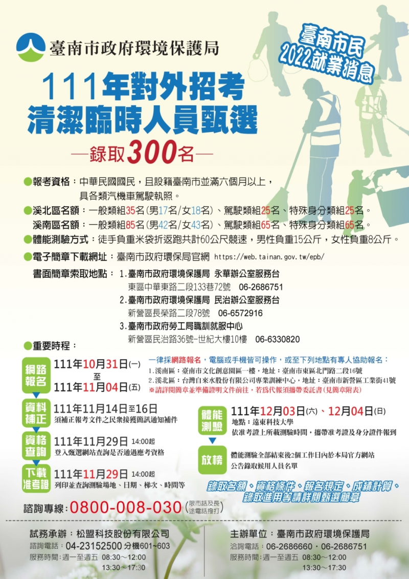 臺南市環保局公告招考清潔隊臨時人員300名