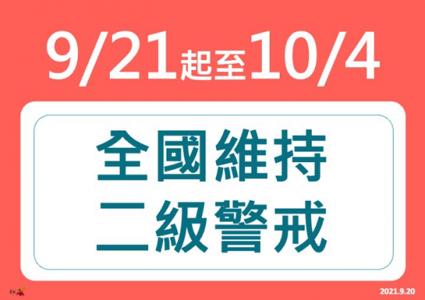 9月21日起至10月4日全國維持二級疫情警戒